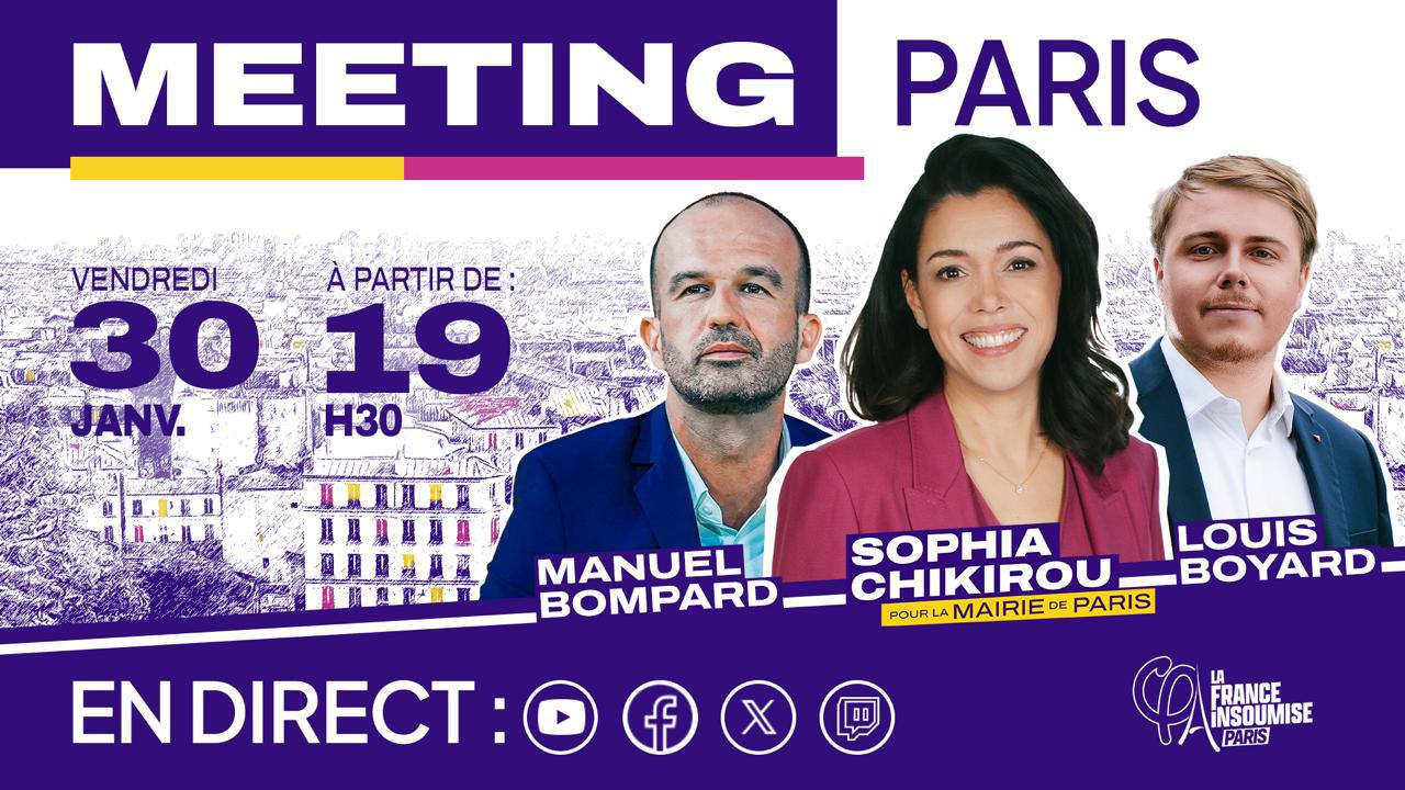 Visuel officiel pour les réseaux sociaux du grand Meeting du Nouveau Paris Populaire (30 janvier 2026 au Cirque d'Hiver)